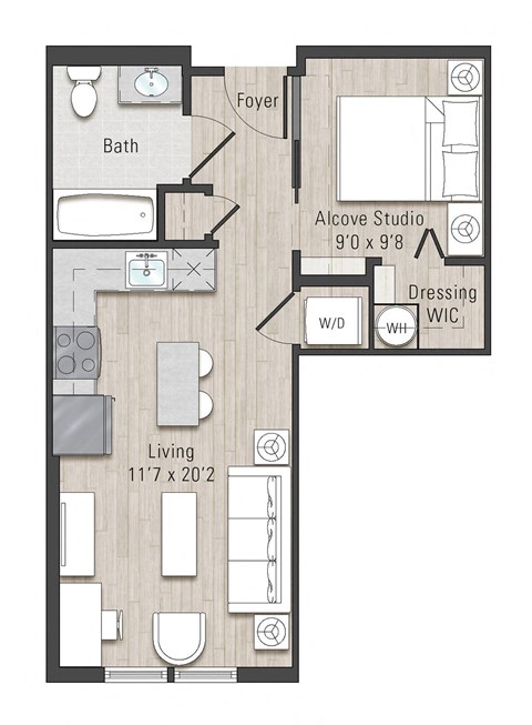 Floor plan for studio, 1 bath, 495 sqft